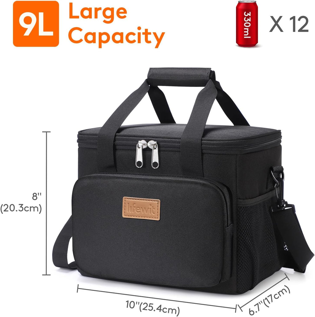 Stylish Insulated Lunch Bag for Adults - 9L Capacity Soft Cooler Tote in Black, Perfect for Work and Outdoor Adventures