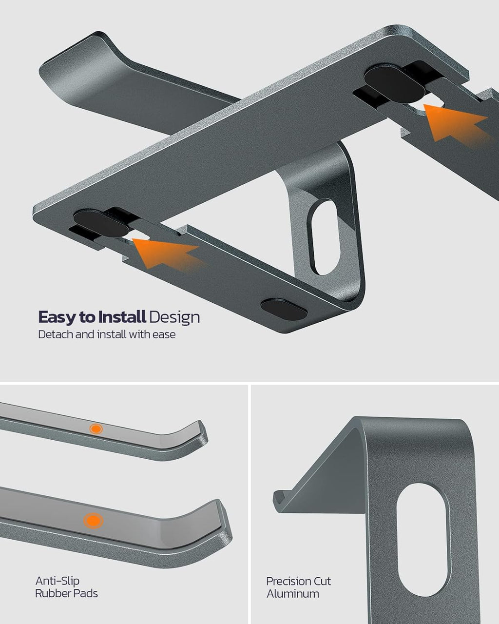 Premium Aluminum Detachable Laptop Stand - Ergonomic & Ventilated Cooling Holder for All 10-16" Laptops - Stylish Grey Design