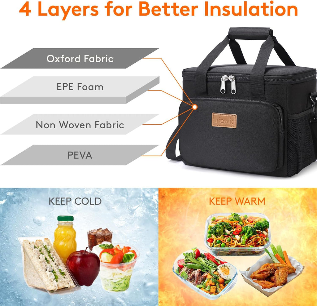 Stylish Insulated Lunch Bag for Adults - 9L Capacity Soft Cooler Tote in Black, Perfect for Work and Outdoor Adventures